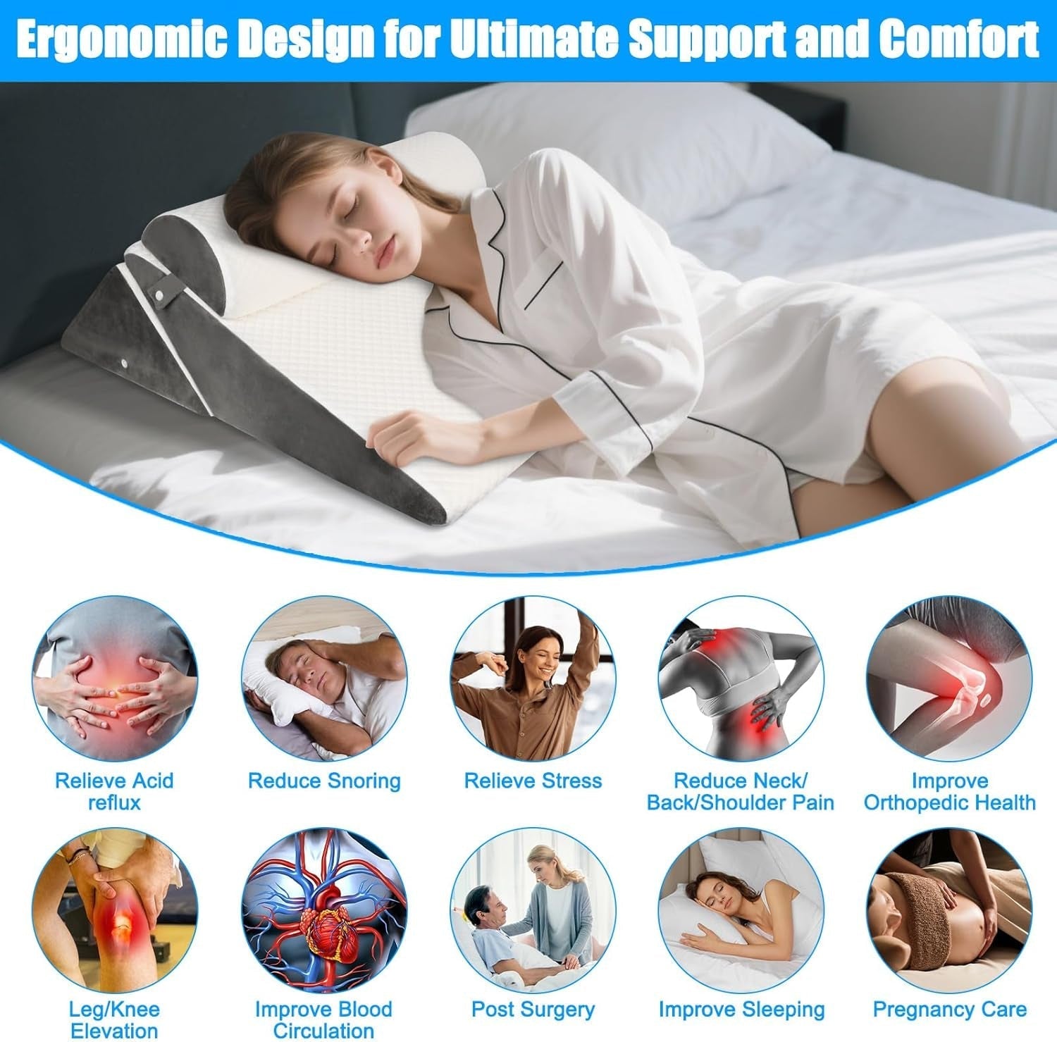 Almohada de cuña ajustable para cama, almohada de lectura para cama y sofá, almohada de espuma para reflujo, almohada para la espalda, apnea del sueño, lectura, elevación del sueño, almohada para las piernas, dolor de espalda, ronquidos