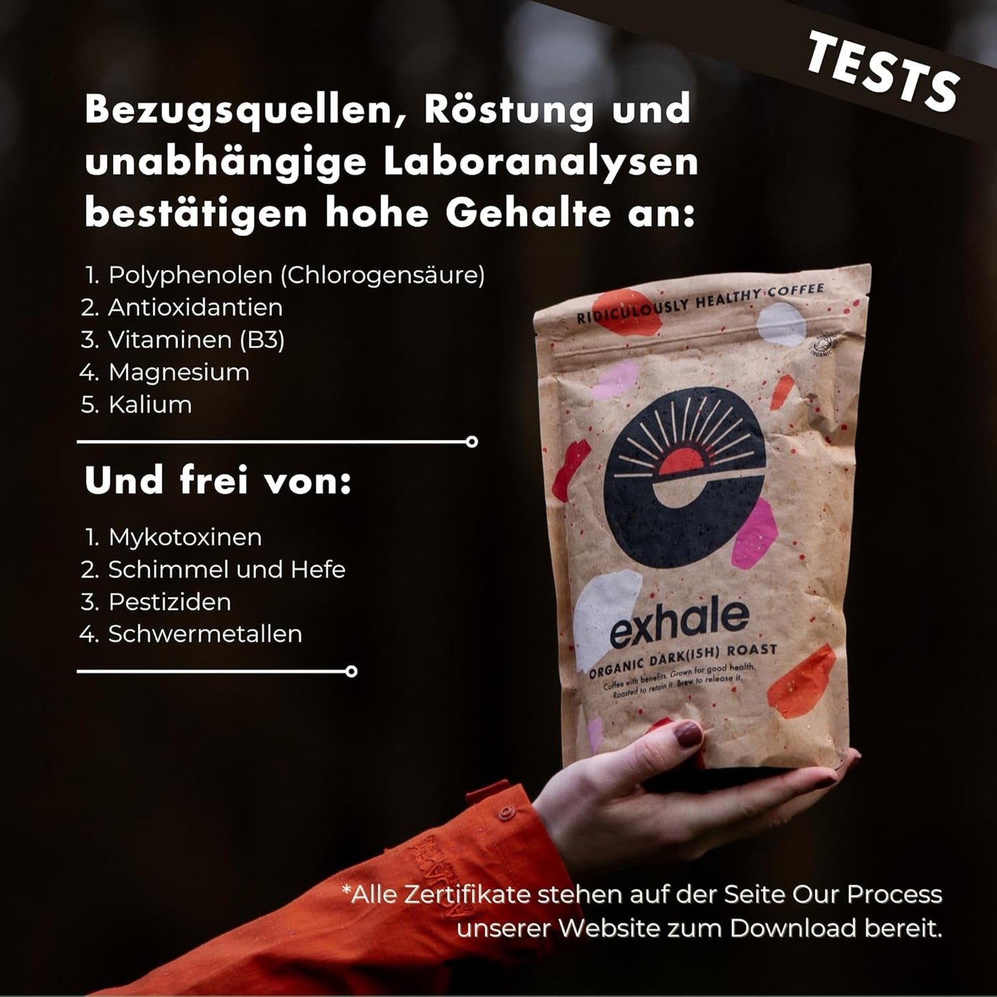 EXHALE Bio GANZE BOHNEN – Dunkel Gerösteter Kaffee – Paquete de 450 g – Mykotoxinfrei & Geeignet für Bulletproof Coffee – Single Origin y 100% Arábica Bohnen