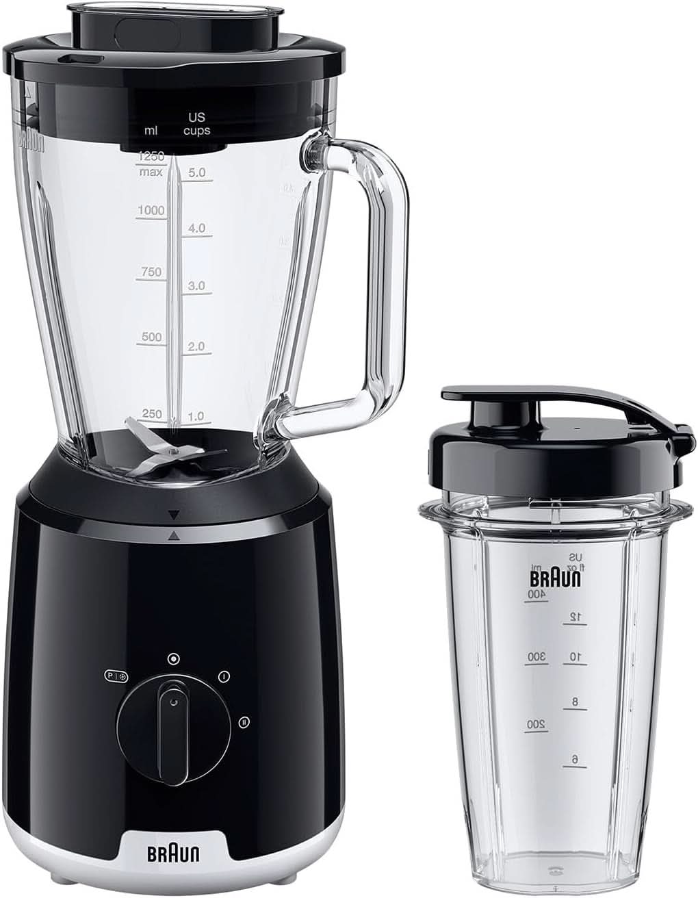 Braun Powerblend 1 JB1050WH - Batidora de pie con 1,5 L de mezcla de vidrio, Küchenhelfer Zum Zerkleinern, Pürieren & Mixen, función Ice-Crush, 2 Geschwindigkeiten, 600 Watt, Weiß Bucatarie Naty Shop Schwarz Glas-Mixaufsatz