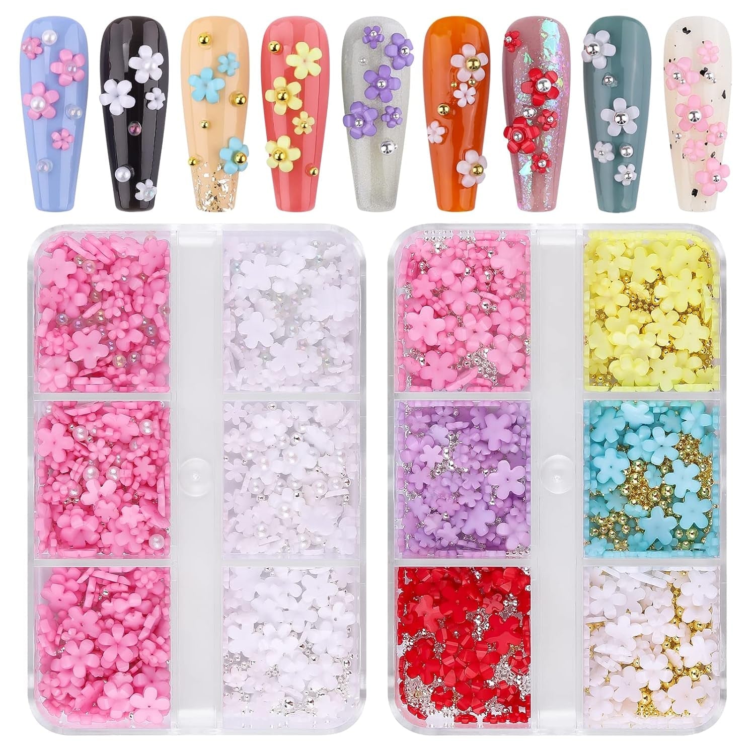Kalolary Flowers Nail Art Charms, flores acrílicas 3D para uñas, cinco pétalos, adornos florales, gemas de uñas, diamantes de imitación, cuentas de metal mixtas para bricolaje, diseño de uñas, fabricación de joyas (2 cajas)
