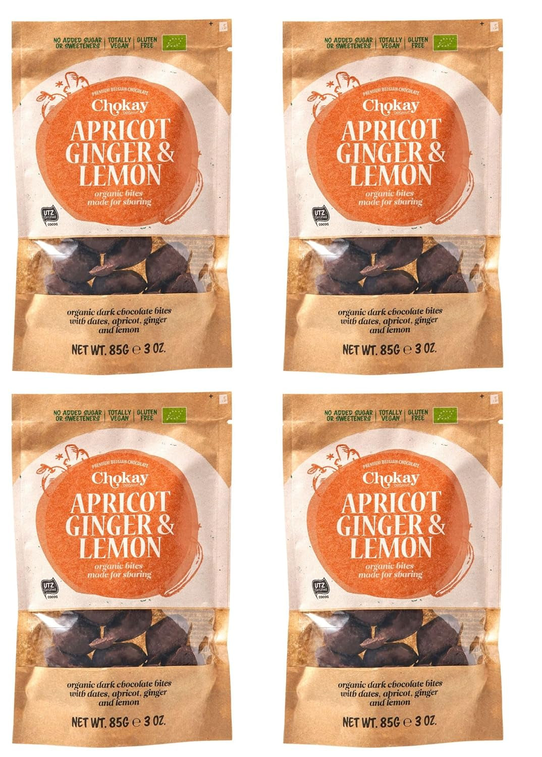 Juego de 4 bocados orgánicos - Almendras con canela/Almendras con canela en chocolate amargo belga/Sin azúcar añadido, sin edulcorantes/VEGANO Y DE COMERCIO JUSTO / 4 x 85 g