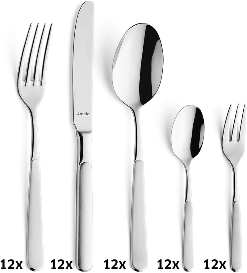 Juego de cubiertos Amefa Satina en 60 piezas, para 12 personas, seguro Cocina Naty Tienda
