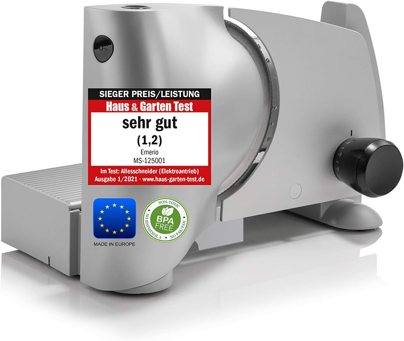 Emerio Cortadora Multiusos "Made in EU" MS-125000, hoja de acero inoxidable fabricada en Alemania, regulable 0-17 mm, 100 W Naty Shop Rebanadoras y Rebanadoras Individuales Plata
