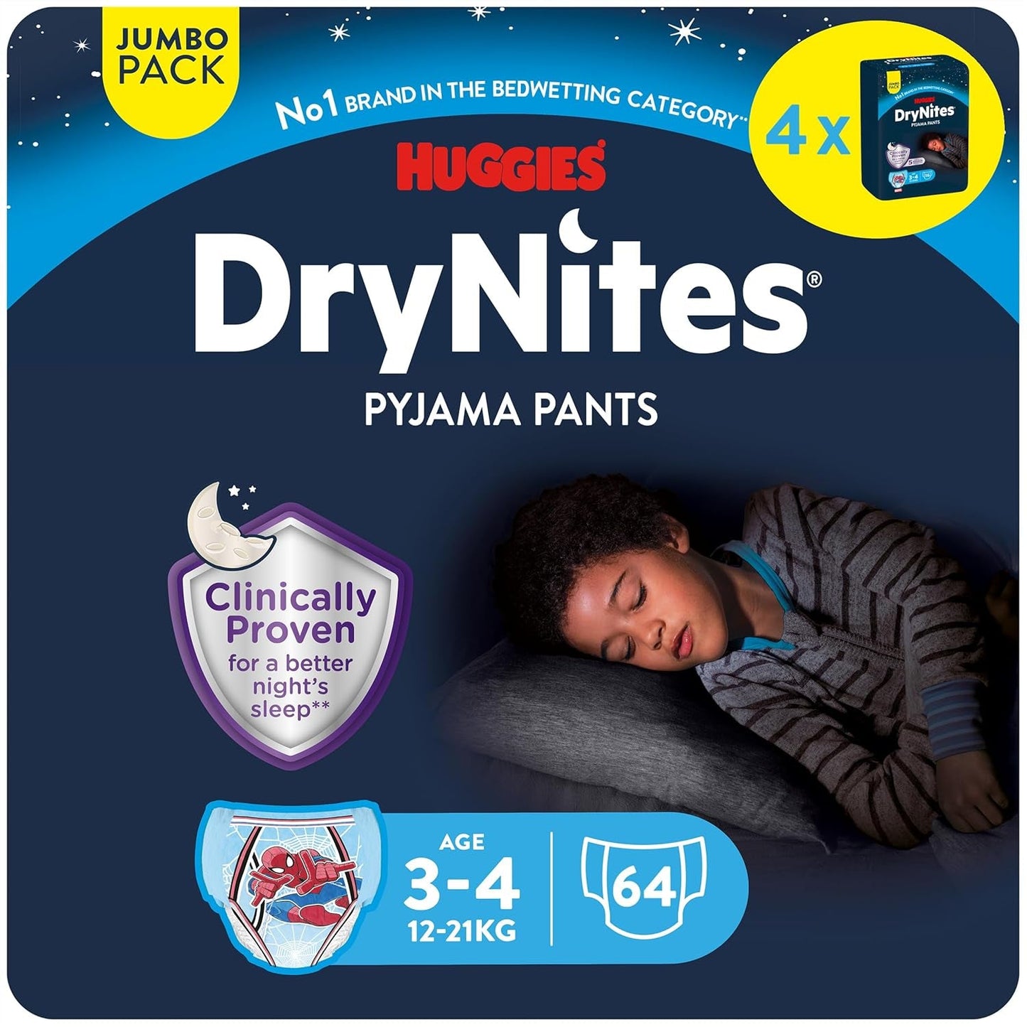 DryNites Pañales absorbentes para mojar la cama durante la noche para niños de 4 a 7 años (17 a 30 kg), paquete mensual gigante, 64 unidades