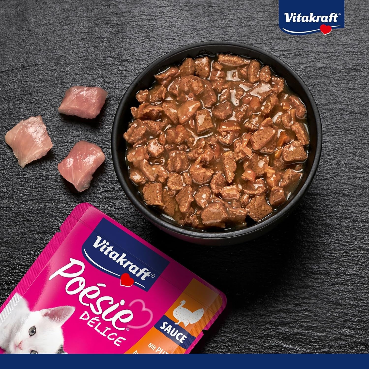 Vitakraft Poésie Délice, Junior, Comida húmeda para gatos, Comida húmeda en salsa, con pavo, Multipack, para gatos jóvenes, Sin azúcares ni cereales añadidos (23 x 85g)
