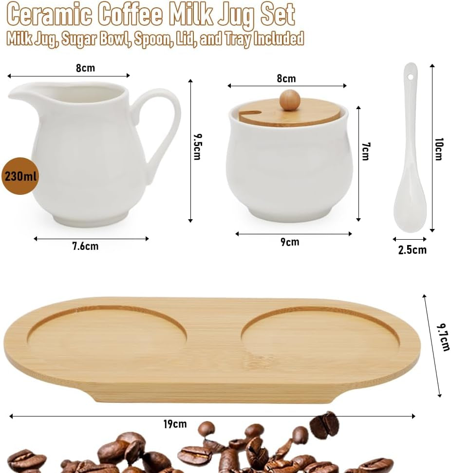 Juego de leche y azúcar con tapa y cuchara, lechera de cerámica de 5 piezas y azucarero con tableta de madera, recipiente para leche y azúcar para cocina, café, microondas y lavavajillas (blanco)