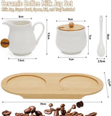 Juego de leche y azúcar con tapa y cuchara, lechera de cerámica de 5 piezas y azucarero con tableta de madera, recipiente para leche y azúcar para cocina, café, microondas y lavavajillas (blanco)
