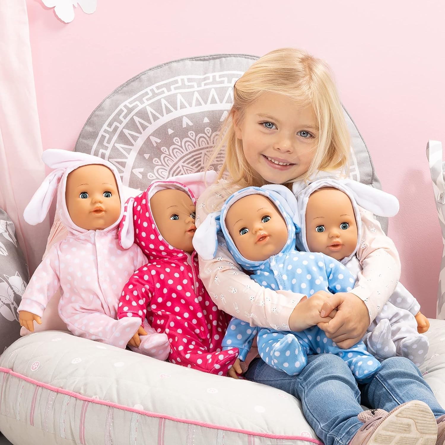 Bayer Design 93822AA Babypuppe Anna, spricht 24 Babylaute, weicher Körper, Schlafaugen, Schnuller, Flasche, 38 cm, rosa, Pequeño