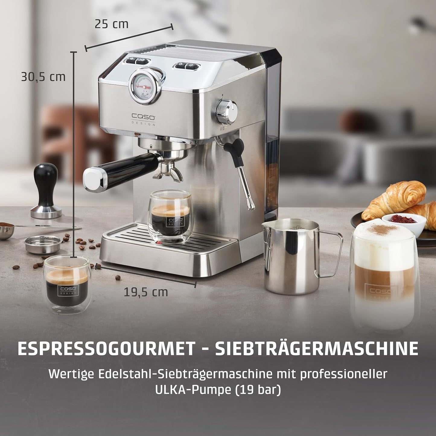 Caso Espresso Gourmet - Cafetera Espresso con Portafiltro de Acero Inoxidable, Potente Bomba Ulka de 19 Bares, con Espumador de Leche, para Café Molido o Cápsulas de Café ESE, para 2 Tazas, con Calentador de Tazas