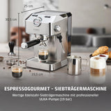 Caso Espresso Gourmet - Cafetera Espresso con Portafiltro de Acero Inoxidable, Potente Bomba Ulka de 19 Bares, con Espumador de Leche, para Café Molido o Cápsulas de Café ESE, para 2 Tazas, con Calentador de Tazas