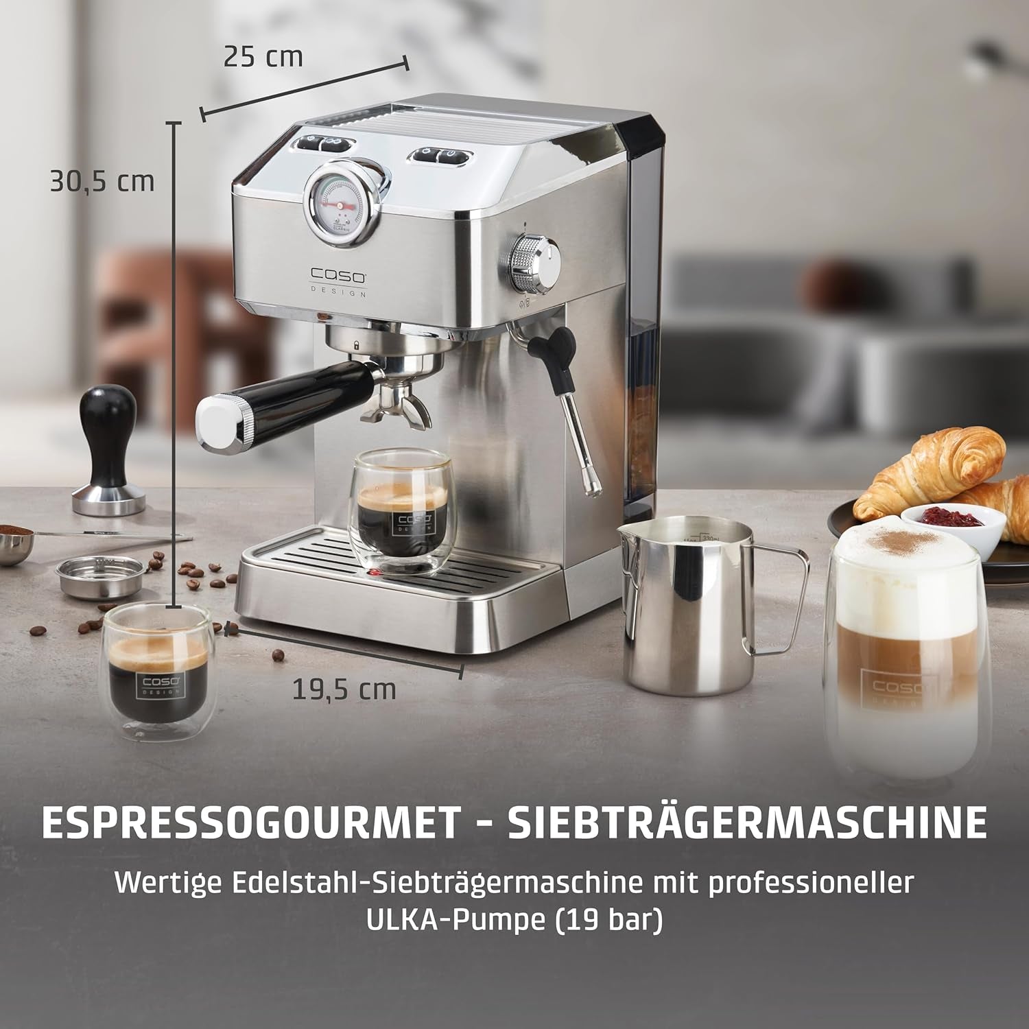 Caso Espresso Gourmet - Cafetera Espresso con Portafiltro de Acero Inoxidable, Potente Bomba Ulka de 19 Bares, con Espumador de Leche, para Café Molido o Cápsulas de Café ESE, para 2 Tazas, con Calentador de Tazas