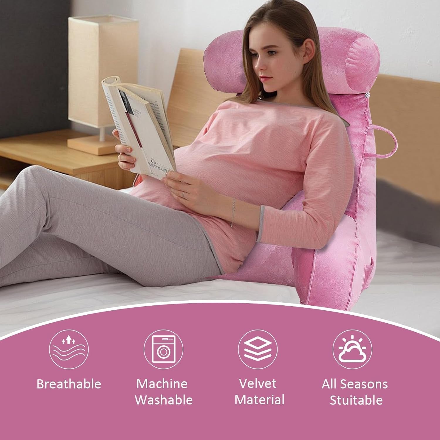 Almohada de lectura XL para cama y sofá con rollo para el cuello desmontable, almohada de espalda ideal para adultos con espuma viscoelástica para leer cómodamente, trabajar, jugar, mirar televisión, relajarse (rosa)