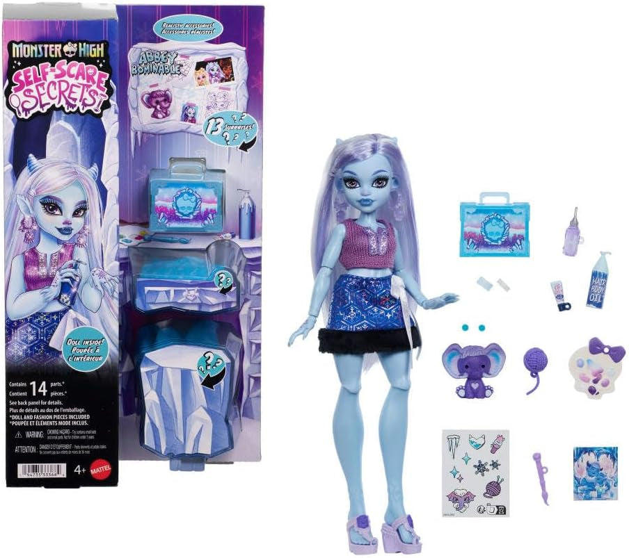 Monster High Self-Scare Secrets Abbey Bominable Juego de muñeca y accesorios con 13 sorpresas realistas como henna, dibujos y crochet JHK44