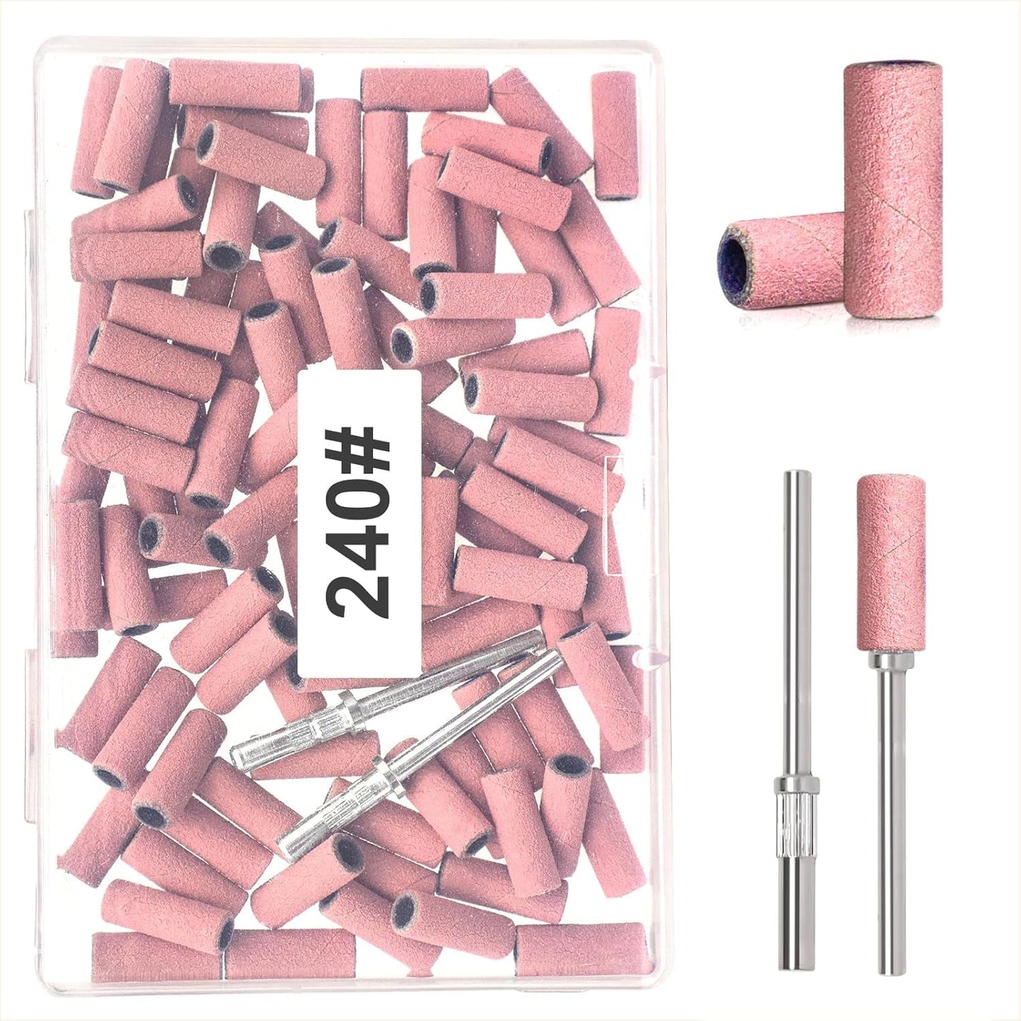 BLESWIN 100 correas de lijado pequeñas para brocas de uñas, grano fino 240 con 2 brocas de 0.118 in, mini correas de lijado para pulir uñas naturales y limpiar cutículas para preparación, rosa