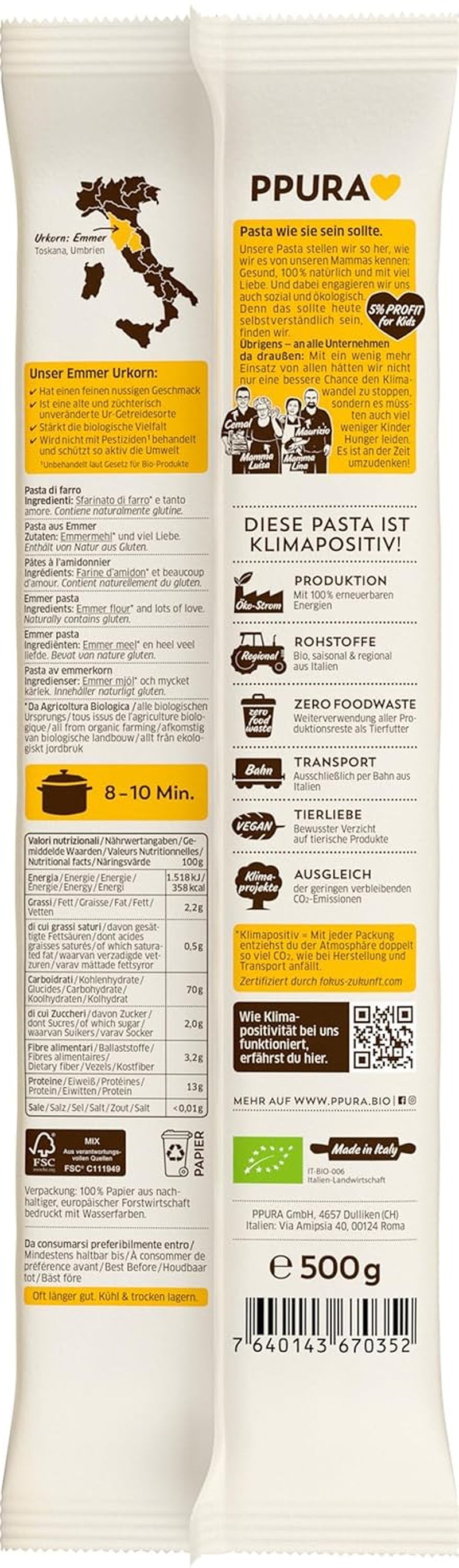 PPURA Pasta de Espagueti Bio con Emmer 500g, espaguetis de emmer 100% naturales, fabricados en Italia - Pasta italiana sin aditivos, colorantes ni conservantes