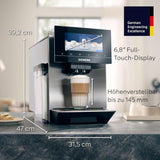 Siemens EQ900 TQ903D03 Cafetera Espresso Automática, Control App, Pantalla Táctil Intuitiva, Modo Barista, AromaBoost, Reducción de Ruido, Molinillo Premium, Limpieza Automática a Vapor, 1500 W, Acero Inoxidable