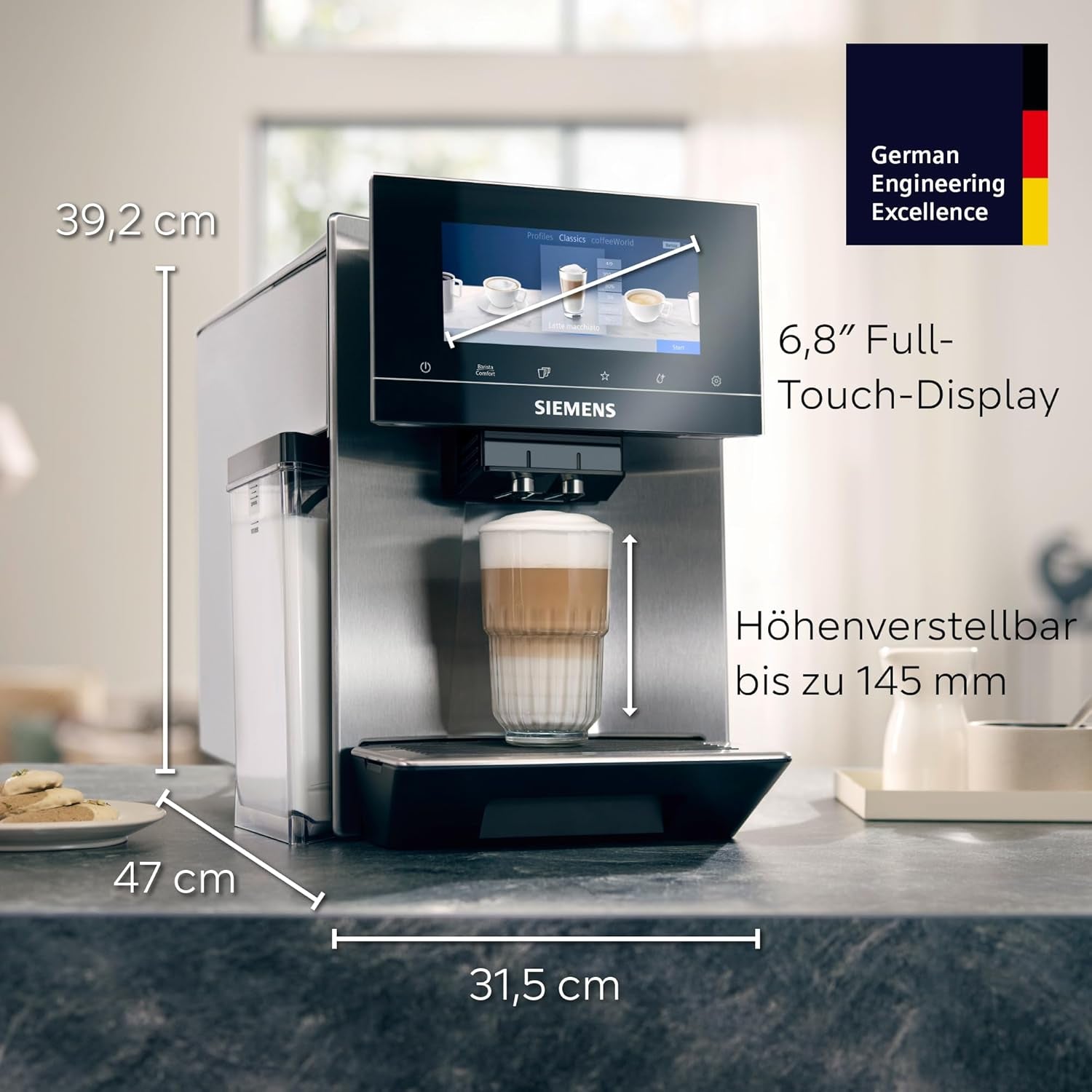 Siemens EQ900 TQ903D03 Cafetera Espresso Automática, Control App, Pantalla Táctil Intuitiva, Modo Barista, AromaBoost, Reducción de Ruido, Molinillo Premium, Limpieza Automática a Vapor, 1500 W, Acero Inoxidable