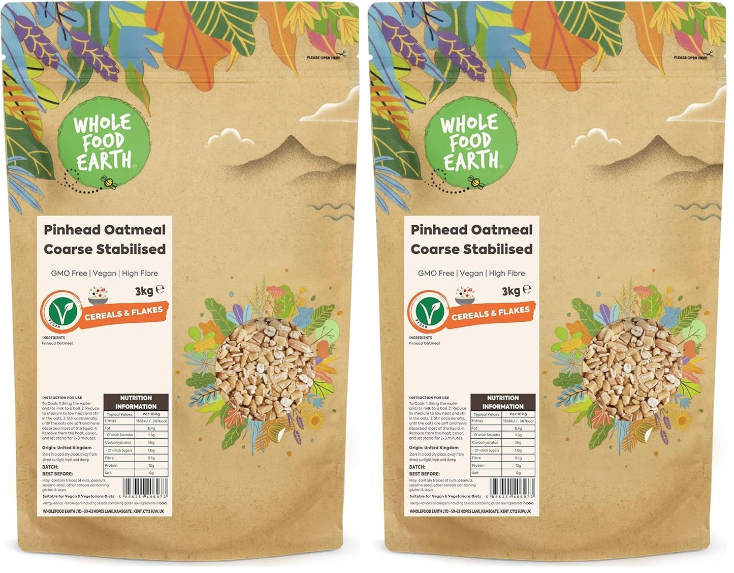 Wholefood Earth Pinhead Avena Gruesa Estabilizada 3kg | Sin OGM | Rico en fibra