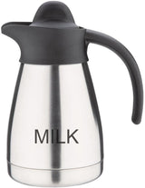 Taza de leche al vacío Olympia con tapa de rosca, 500 ml/17 oz, acero inoxidable con tapa negra, impresión de leche en el lateral, estaciones de buffet para té y café, CL371