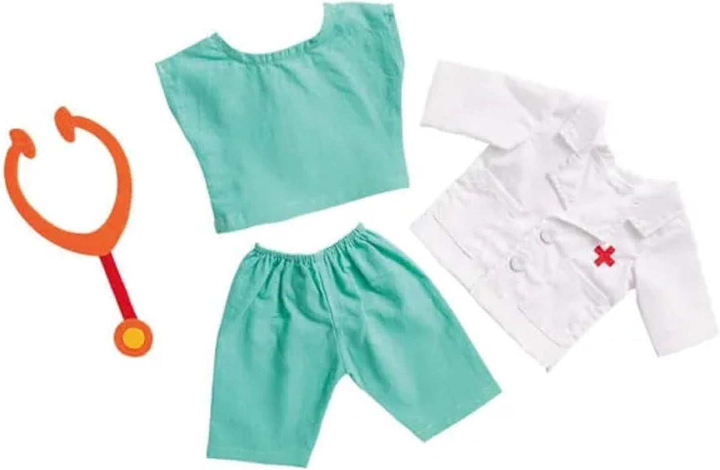 Heless 1653 - Conjunto de Ropa para Muñecas, Traje de Médico de 4 Piezas con Pantalón, Camisa, Bata de Médico y Estetoscopio, Talla 28 - 35cm