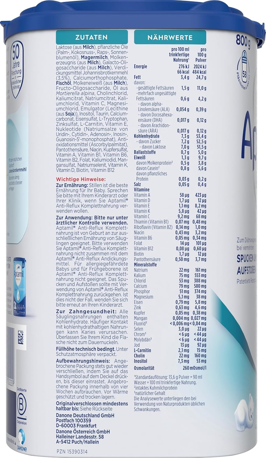 Aptamil Antirreflujo - Fórmula completa desde el nacimiento Manejo dietético Vómitos y regurgitaciones Alimentos para bebés Leche en polvo 1 x 800 g