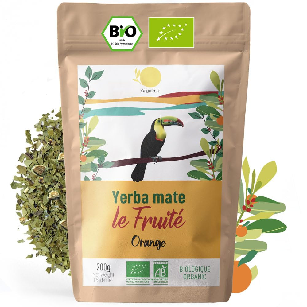 ORIGEENS BIO YERBA MATE con naranjas 200 G - Té frutal I Té de Yerba Mate orgánico sin tostar, sin tallos ni polvo I Bebida energizante y desintoxicante