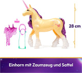 Unicorn Leaf Unicorn Academy: unicornio Ava original de 28 cm de altura de la serie Netflix con melena y cola reales, brida, silla y cepillo extraíbles, para niños a partir de 4 años