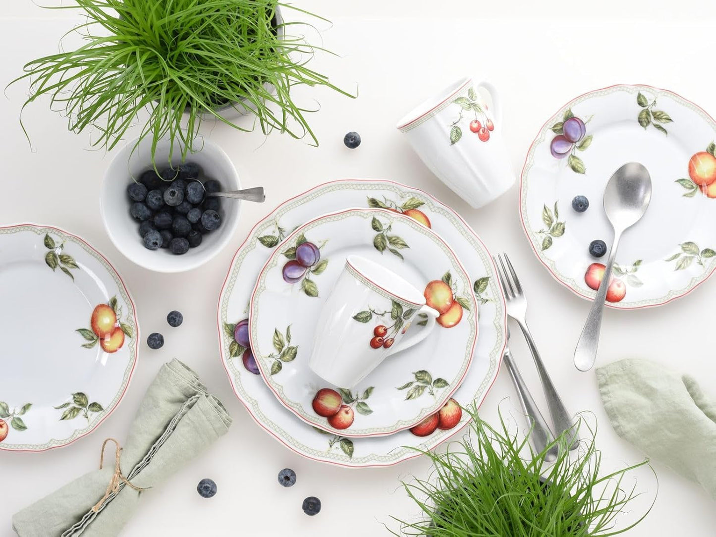 CreaTable, 16999, serie Flora ORCHARD, juego de vajilla de 16 piezas para 4, servicio combinado de porcelana, apto para lavavajillas y microondas, fabricado en Europa