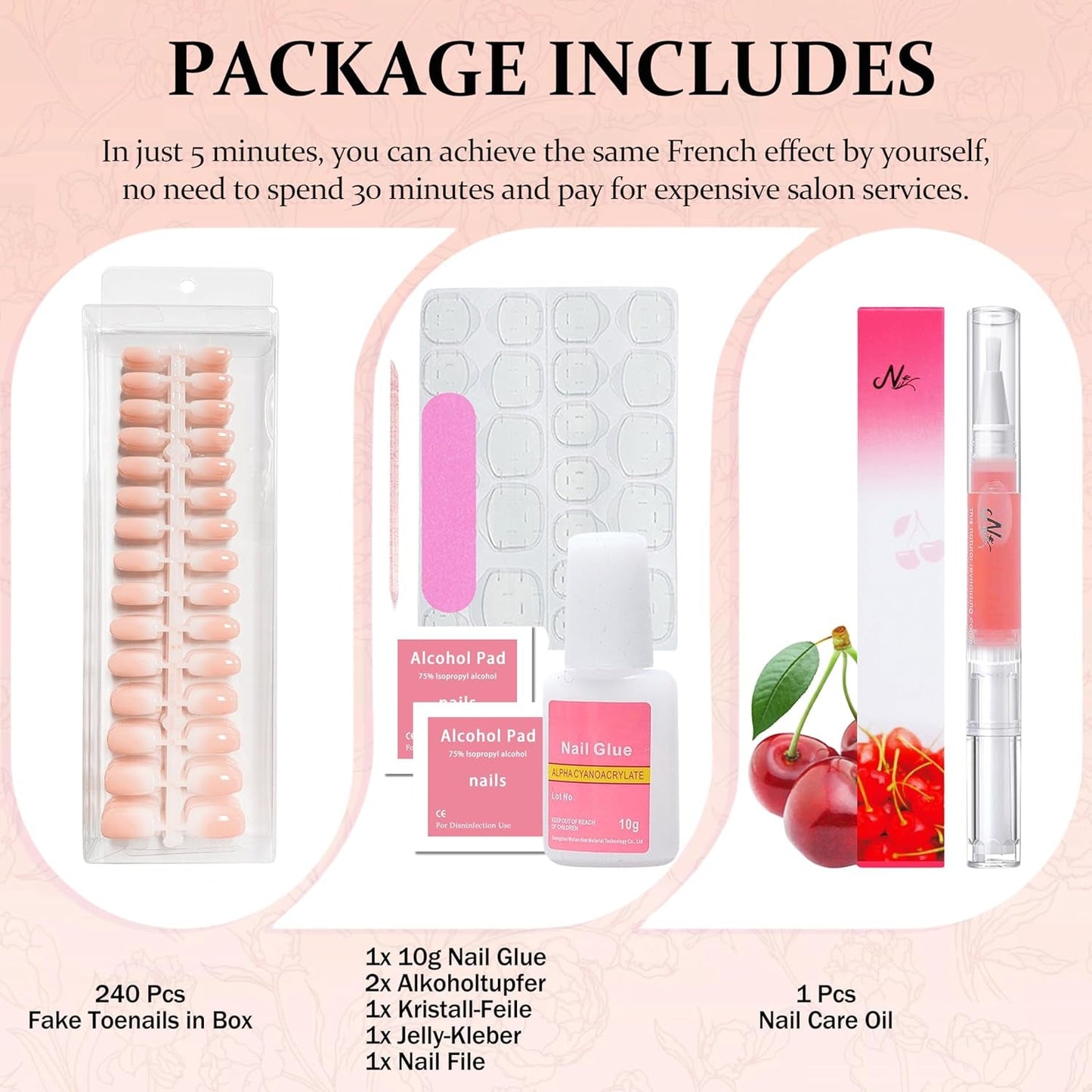 Juego de 240 uñas cuadradas degradadas, uñas artificiales degradadas blancas desnudas para pegamento de pluma de aceite, uñas postizas naturales degradadas medias para mujeres DIY (cuadradas desnudas)