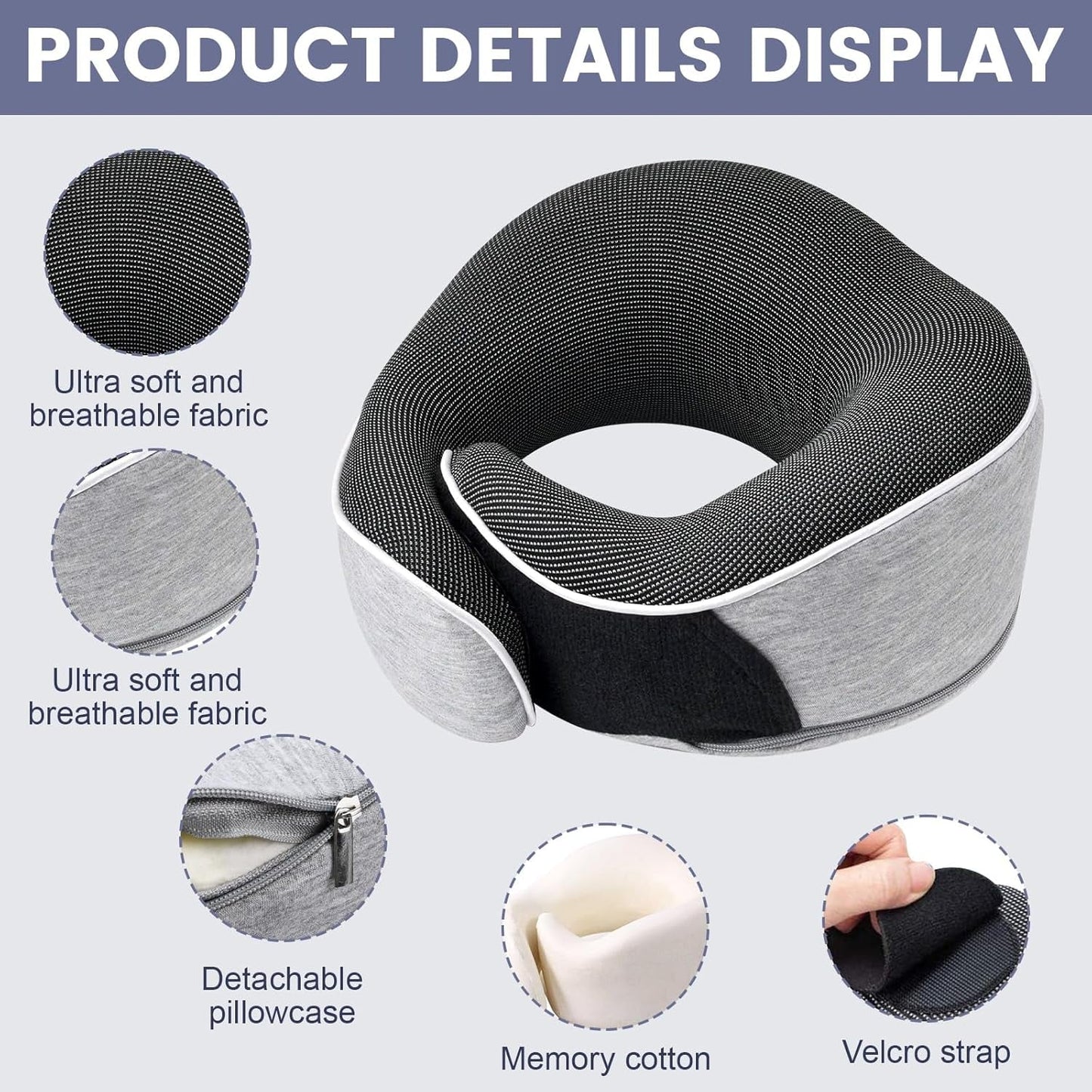 Almohada para el cuello Almohada de viaje de espuma viscoelástica Diseño ergonómico Almohada para el cuello de espuma viscoelástica con máscara para los ojos 2 tapones para los oídos y bolsa de almacenamiento Perfecto para dormir en la carretera cuando viaja Naty Shop Almohadas ortopédicas cervicales
