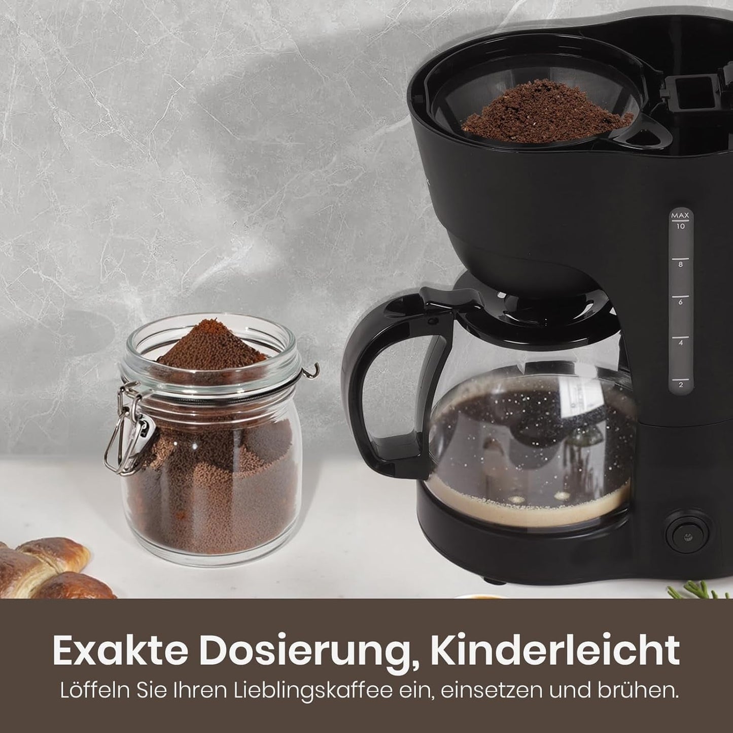 Cafetera de filtro de 1,25 L para 10 tazas de café filtrado, jarra de cristal apta para lavavajillas, termo, sistema antigoteo, apagado automático, 600 W, protección contra ebullición sin agua para el hogar y la oficina