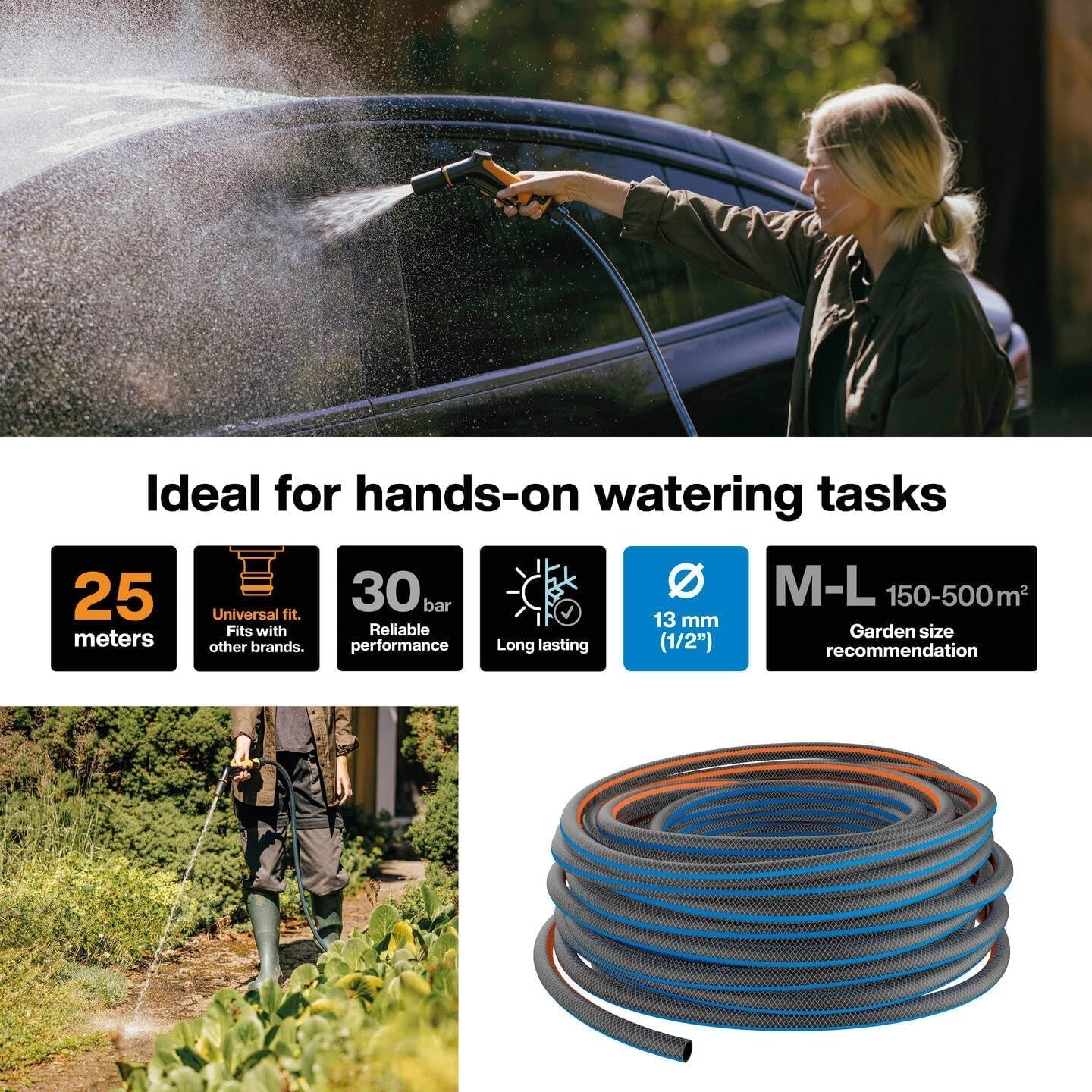 Fiskars Manguera de jardín ML X Series Manguera de agua para riego manual, 13 mm (1/2"), Longitud: 25 m, Conexión universal, Protección UV, Protección contra heladas, Resistente a la torsión, Azul, 1076045