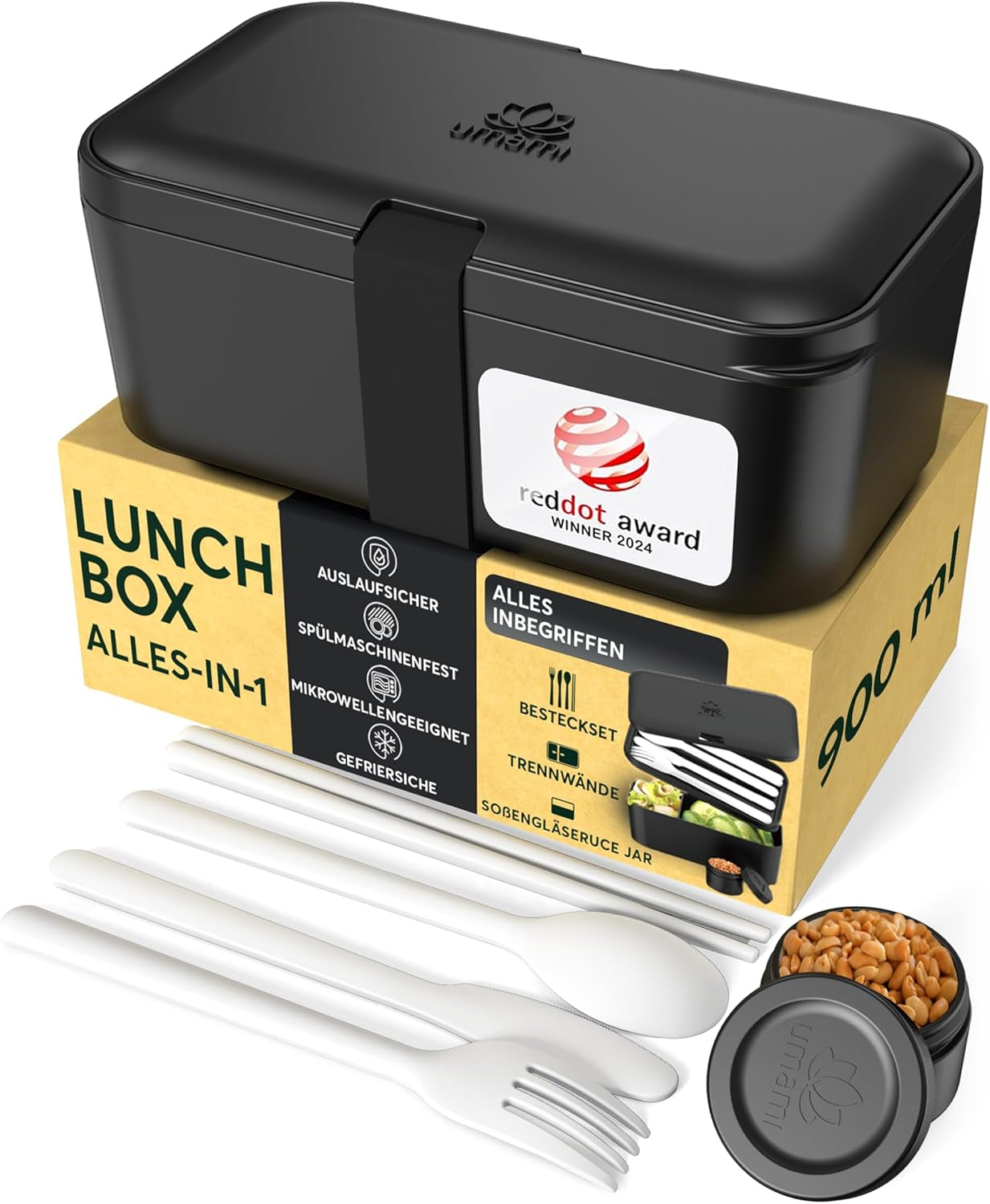 Umami Fiambrera para Adultos, Fiambrera Bento Apilable con 4 Cubiertos y Compartimentos, Fiambrera para Adultos, Ensaladera para Llevar, Fiambrera para Picnic/Oficina, Gris Antracita, 1500ml Naty Shop Fiambreras Negras Onyx - 900 Ml M - 900/1000 Ml