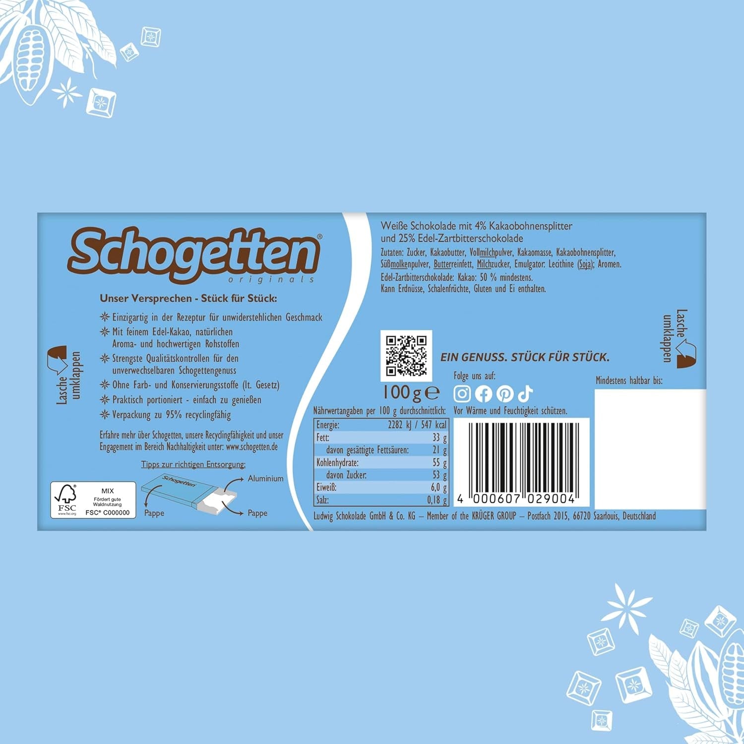 Schogetten Stracciatella barra de chocolate 100g, en porciones individuales. Una delicia. Pieza por pieza.