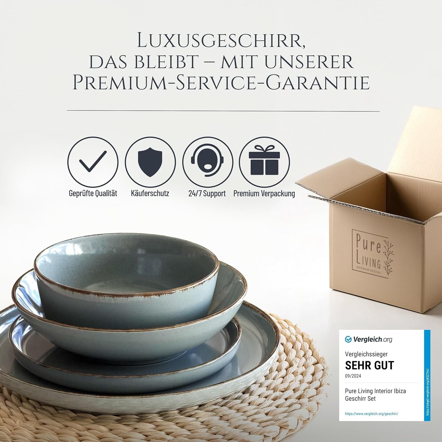 Steingut Geschirrset 6 Personen Rústico 24 tlg. TESTSIEGER, Hochwertiges Landhaussttil Steingut Geschirr Set, Schüssel- und Teller Set, Tafelservice 6 Personen, Geschirrsets Pure Living in Rauchblau