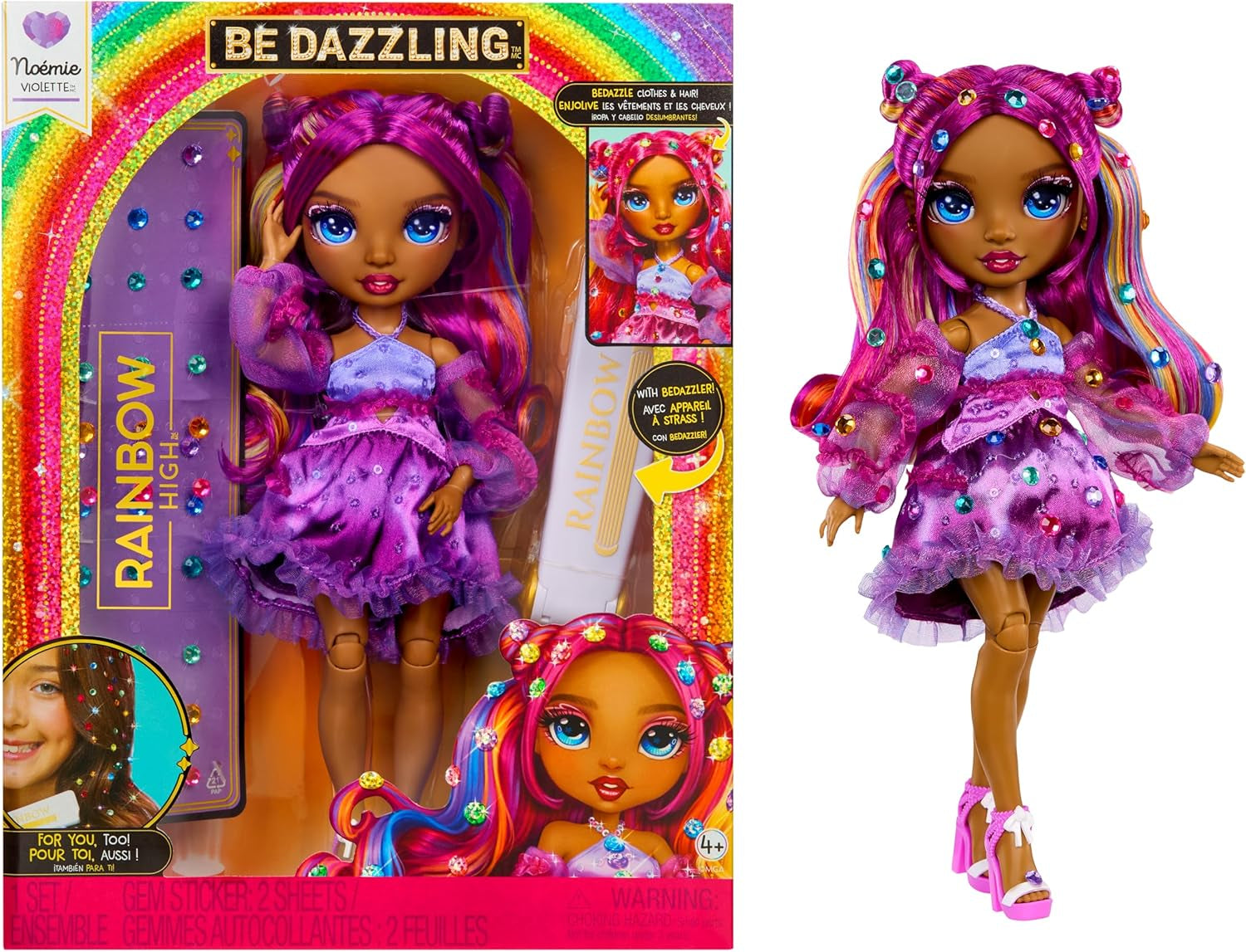 Rainbow High Be Dazzling - Noemie Violette - Muñeca de moda lila de 28 cm con herramienta de decoración, piedras preciosas brillantes y accesorios de peinado