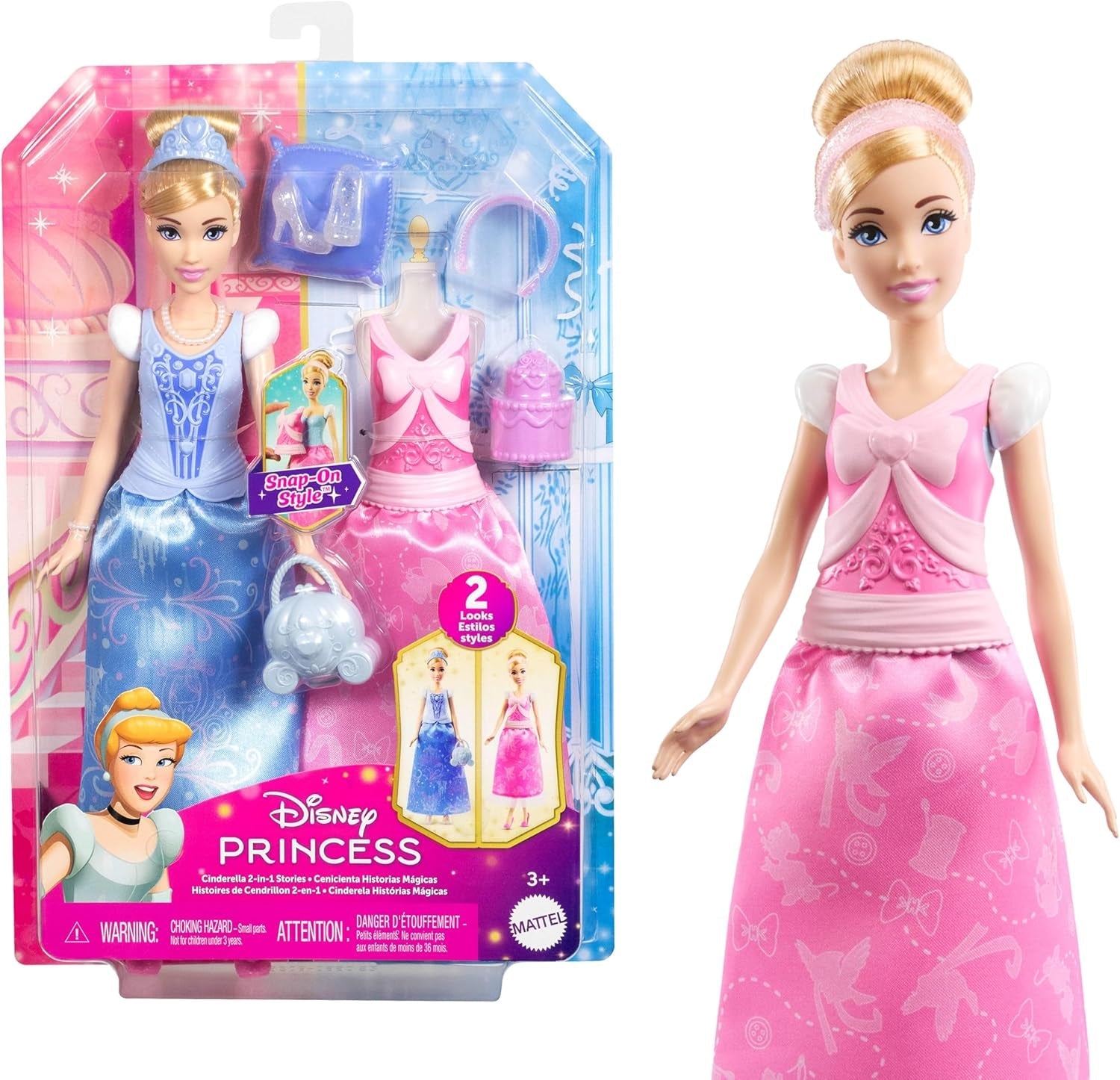 Muñeca de moda Mattel Disney Princess Toys Cenicienta con 2 conjuntos, 9 accesorios, 2 tops con clips y 2 faldas. Historias 2 en 1 inspiradas en la película de Disney, JCR95