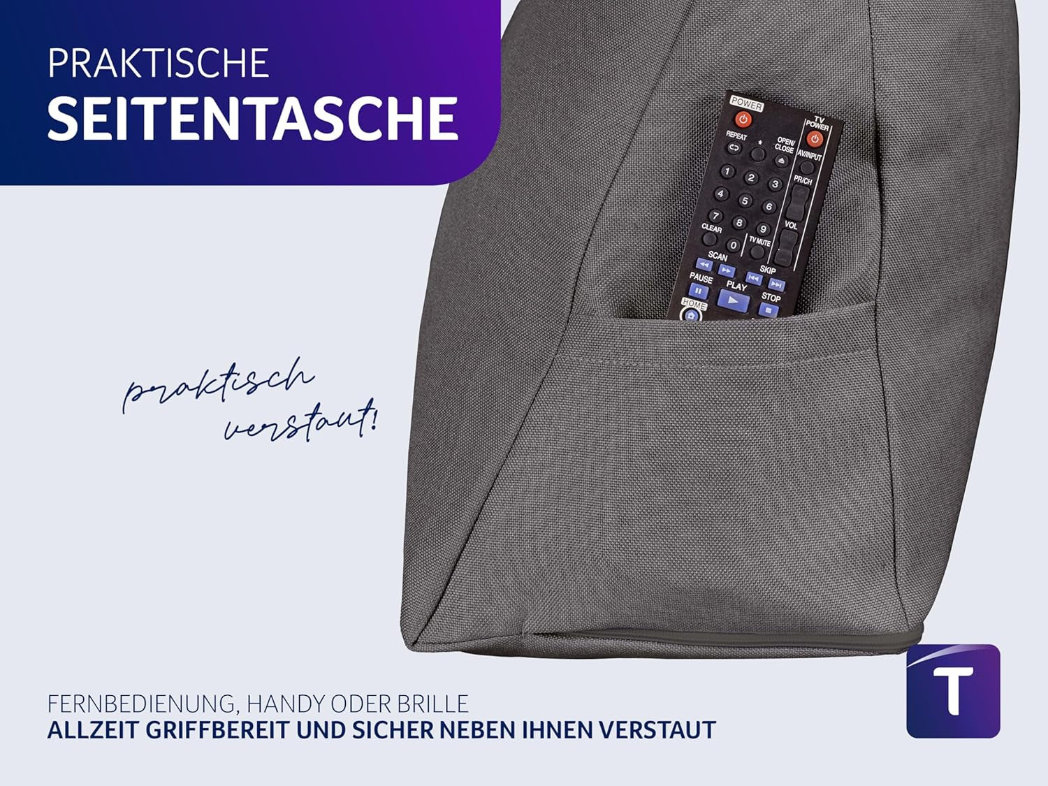 Almohada de lectura Traumnacht Cosy Back Cushion, 70 x 40 cm gris oscuro, funda desenfundable y lavable de 100% poliéster, práctico bolsillo lateral, certificado Öko-Tex, fabricado según los estándares de calidad alemanes