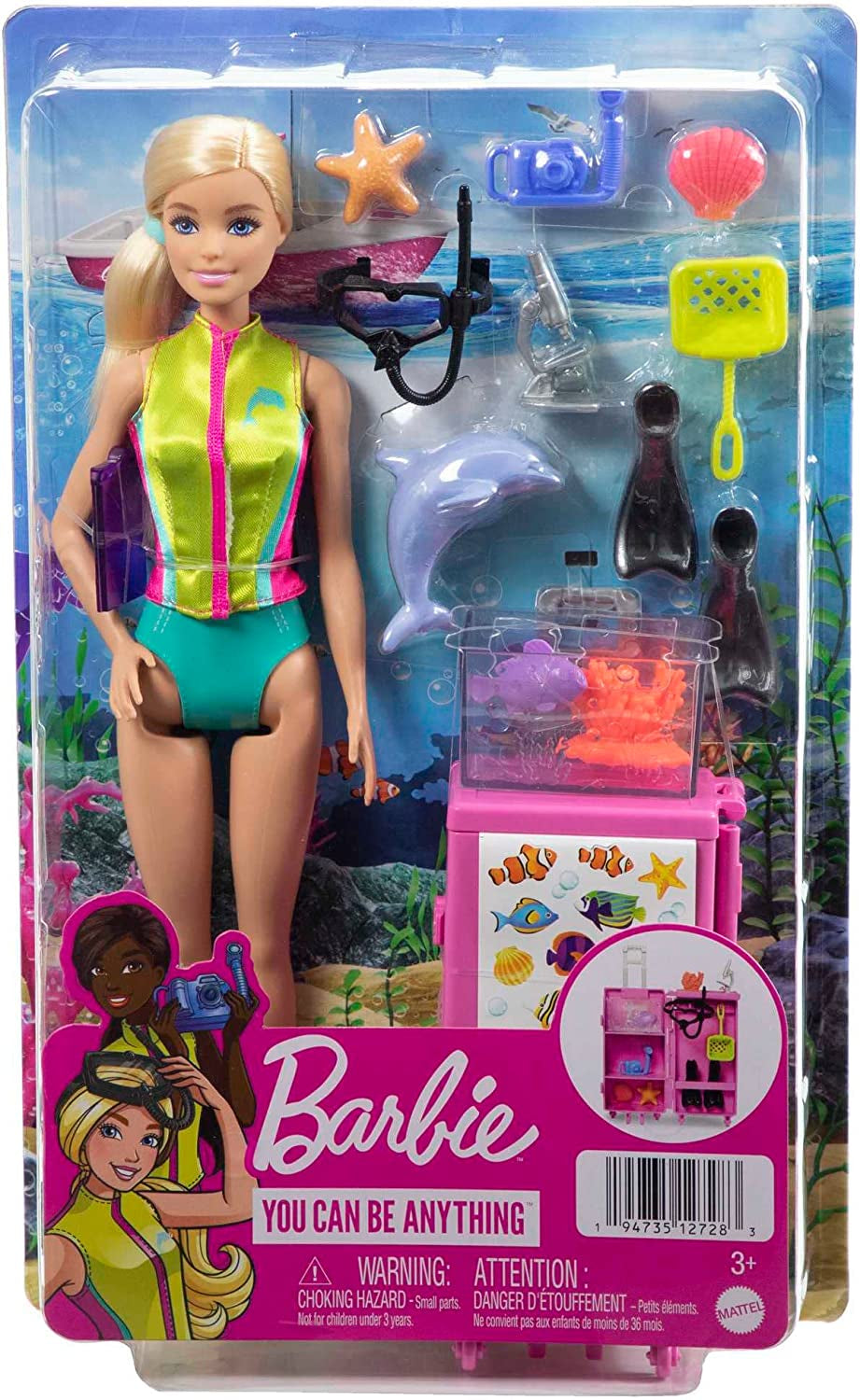 Serie Barbie Puedes Ser Cualquier Cosa, Bióloga Marina, 1 muñeca con cabello rubio, traje de baño, delfín, accesorios, regalo para niños, juguete para mayores de 3 años, HMH26