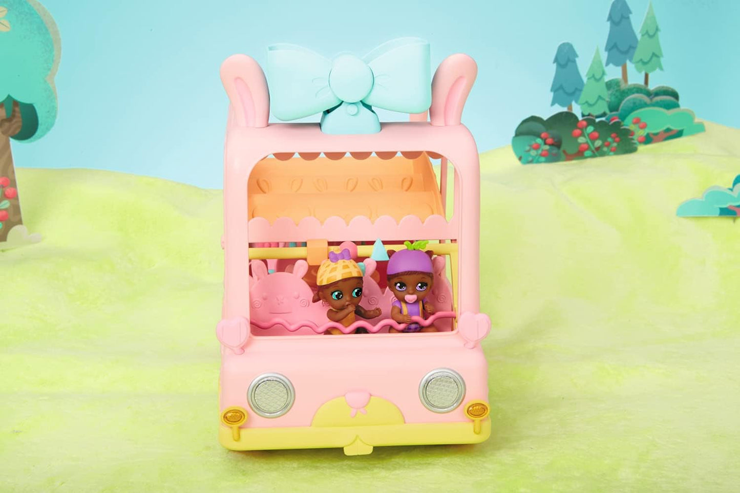 BABY born 904763 Baby Surprise Bus: minibús de juguete rosa con 2 muñecas exclusivas, cochecito triple, columpio, carrusel, tobogán y columpio triple.
