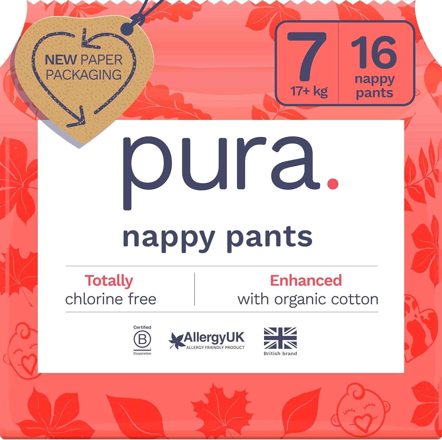 Bragas ecológicas, talla 7 (17 kg+), 16 piezas, ropa interior desechable para pieles sensibles y alérgicas, sin perfume, cierre lateral