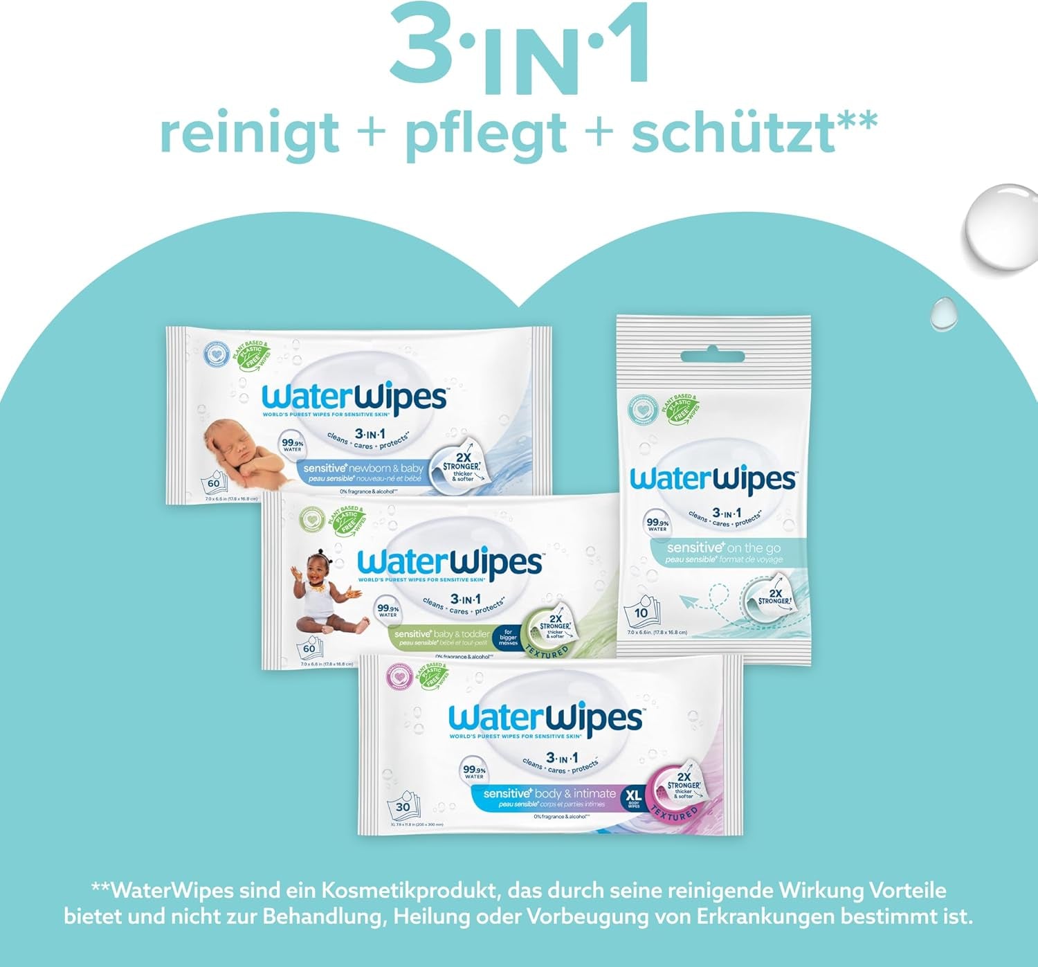Toallitas húmedas WaterWipes Sensitive+ On The Go, 100 toallitas (paquete de 10), 3 en 1 limpia, cuida, protege, 99,9 % agua, toallitas sin fragancia
