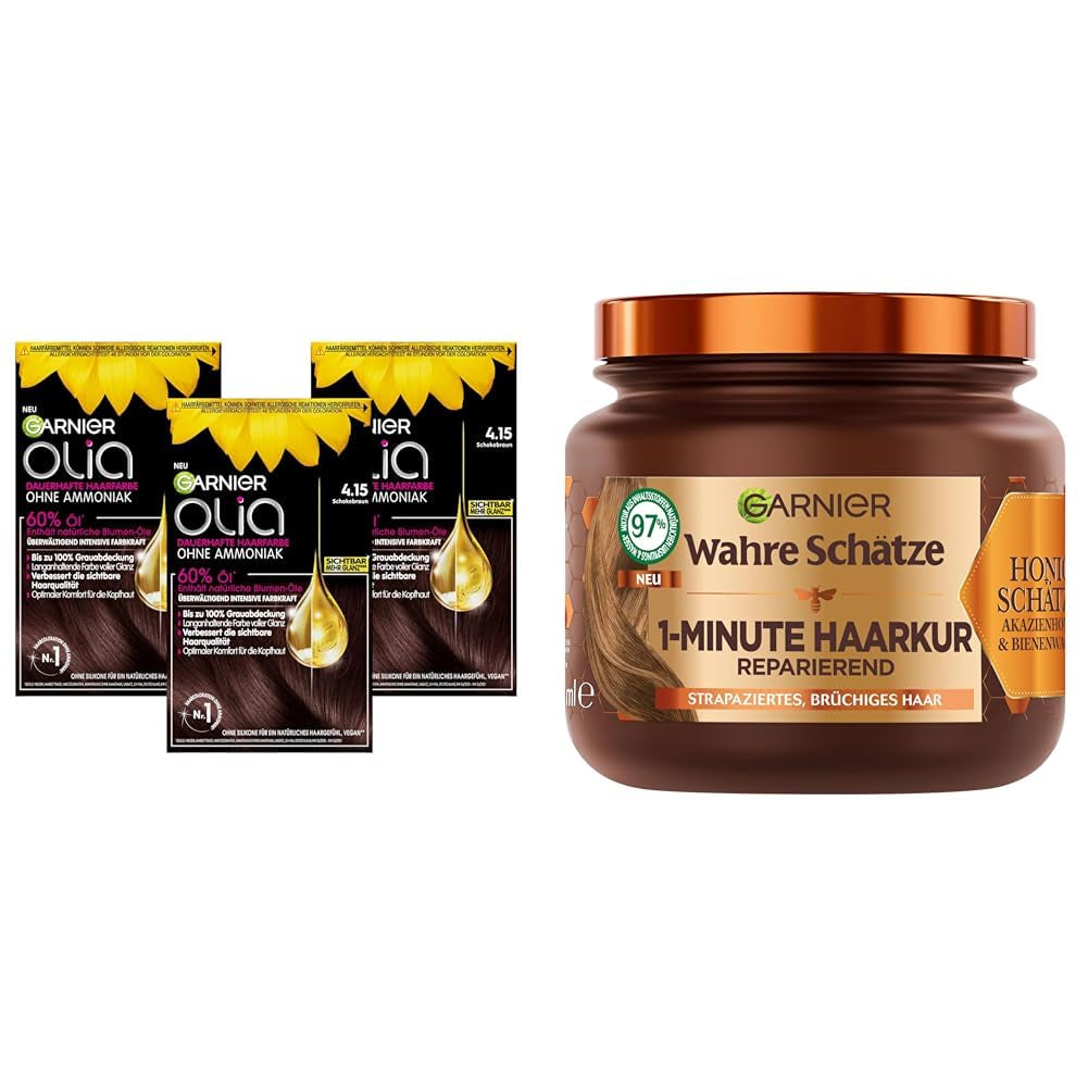 Garnier Olia Hair Color 6.0 Castaño Claro + Tratamiento Reparador True Treasures (340ml) para cabello dañado - coloración sin amoníaco, aceites naturales, cobertura de canas, miel y cera de abejas, menos rotura del cabello Naty Shop Hair Color 3X Hair Color + Tratamiento Reparador