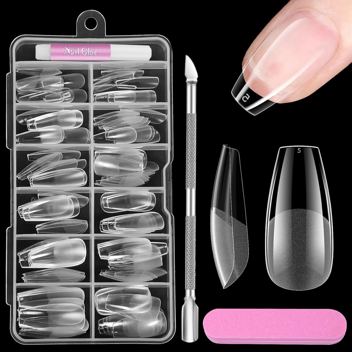 Uñas cortas de cubierta completa, 120 piezas, 12 tamaños, puntas de uñas cortas para uñas de gel, pegamento en uñas artificiales, pegamento en lima de uñas, pulidor de uñas, empujador de cutículas