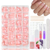 Juego de 360 ​​uñas postizas de bailarina degradada, uñas artificiales degradadas de color rosa y blanco con 2 bolígrafos de aceite de uñas, uñas postizas medianas Ombre para mujeres DIY