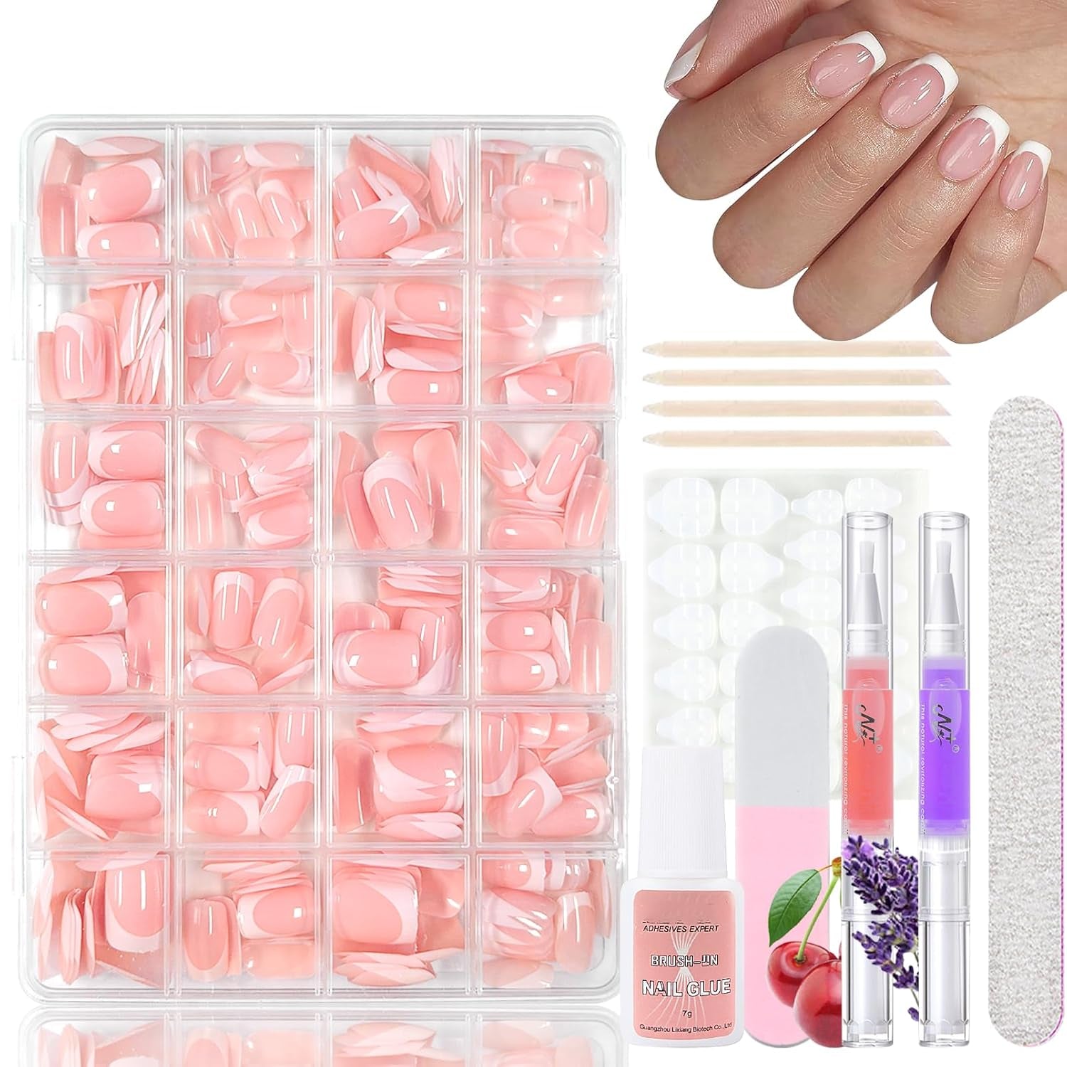 Juego de 360 ​​uñas postizas de bailarina degradada, uñas artificiales degradadas de color rosa y blanco con 2 bolígrafos de aceite de uñas, uñas postizas medianas Ombre para mujeres DIY
