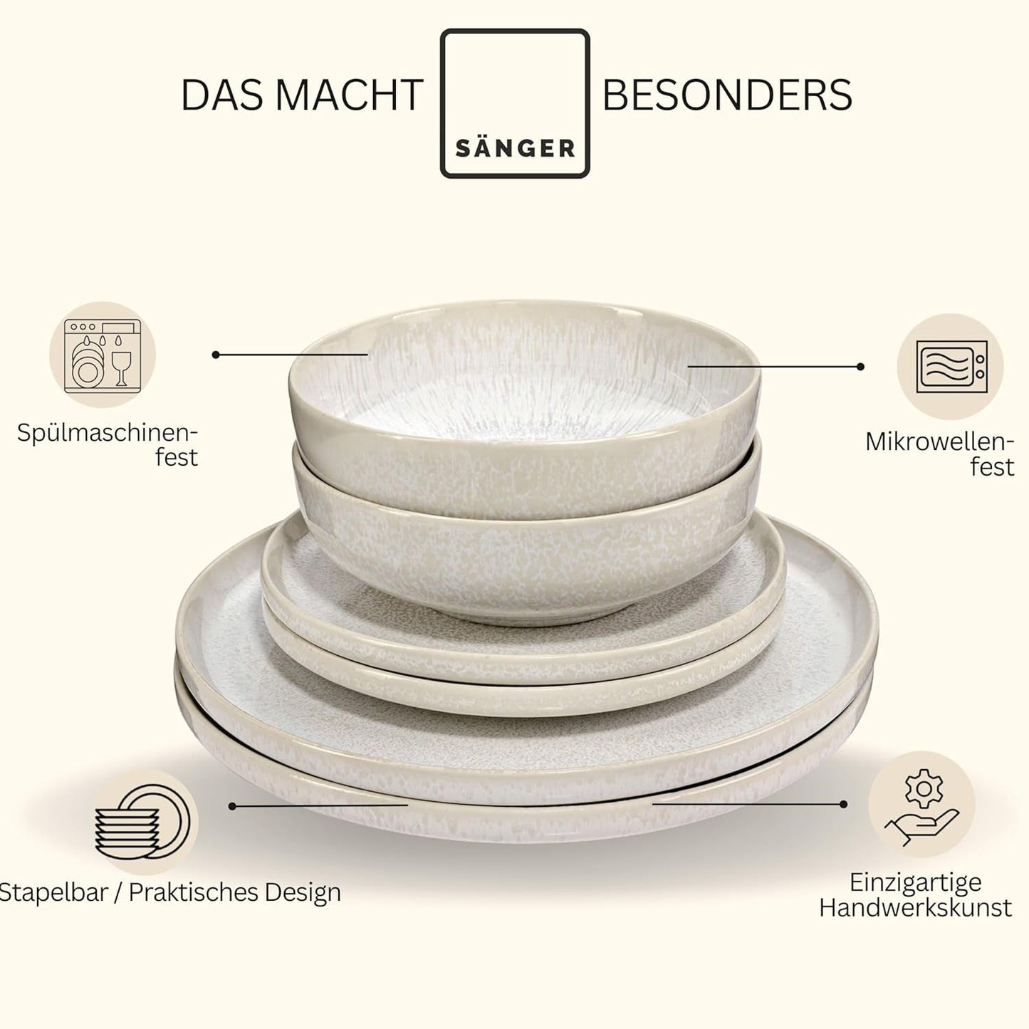 SANGER | Juego de vajilla Corfu de 24 piezas, servicio de mesa para 8 personas, vajilla de cerámica hecha a mano, incluye platos llanos, platos de postre y platos de suma, vajilla color crema con textura arenosa