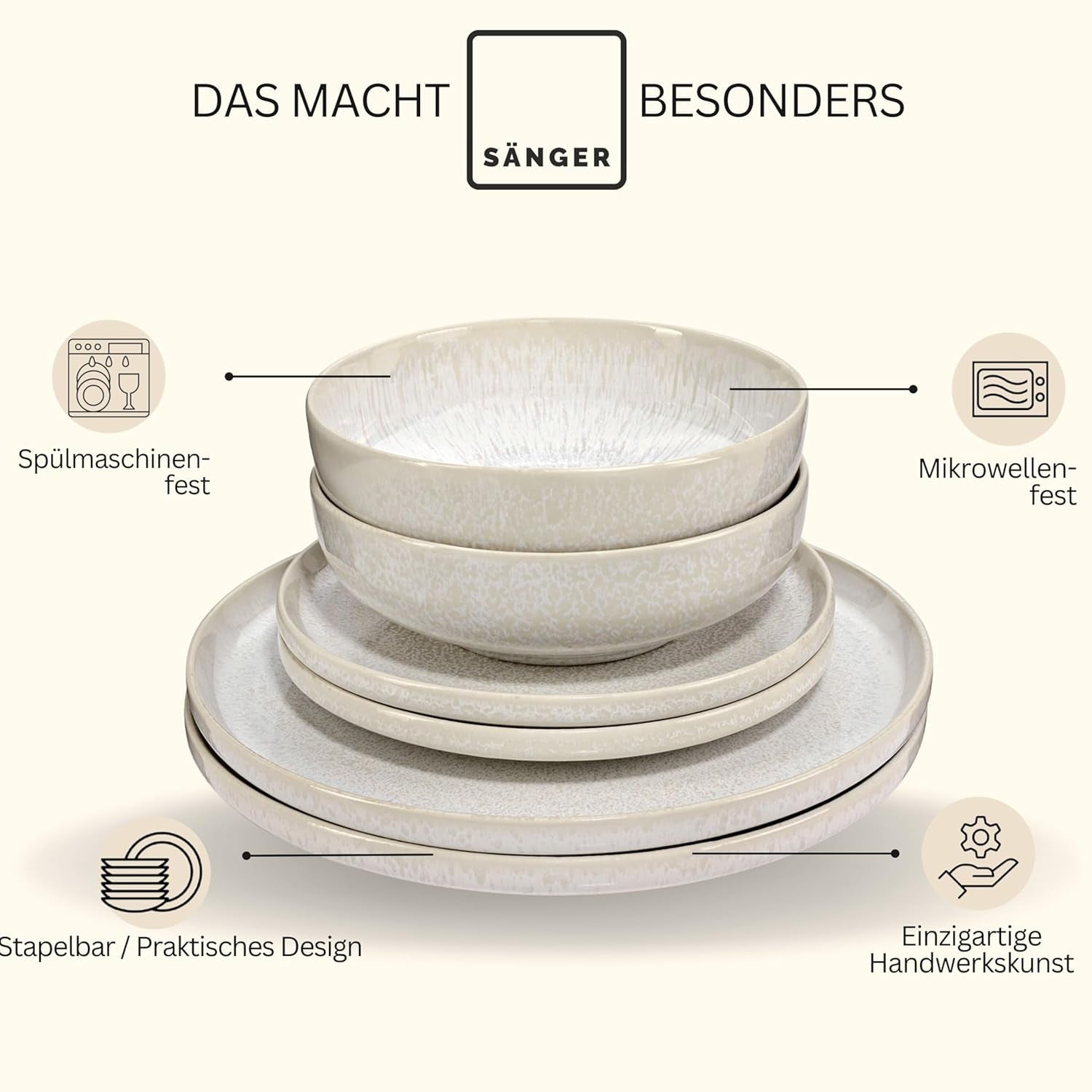 SANGER | Juego de vajilla Corfu de 24 piezas, servicio de mesa para 8 personas, vajilla de cerámica hecha a mano, incluye platos llanos, platos de postre y platos de suma, vajilla color crema con textura arenosa