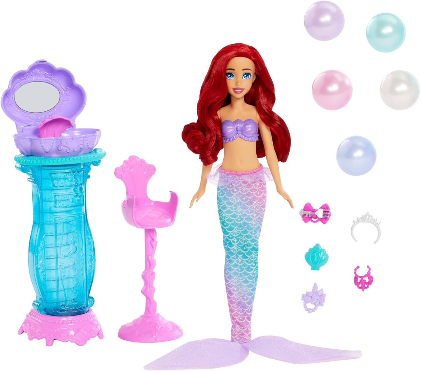 Mattel Disney Princess Toys, Muñeca de Moda Sirena Arielle con Concha de Maquillaje con Cola Desmontable, Mesa de Maquillaje con 5 Sorpresas Pop-Up Repetibles y 5 Accesorios, JBF86 Naty Shop Dolls
