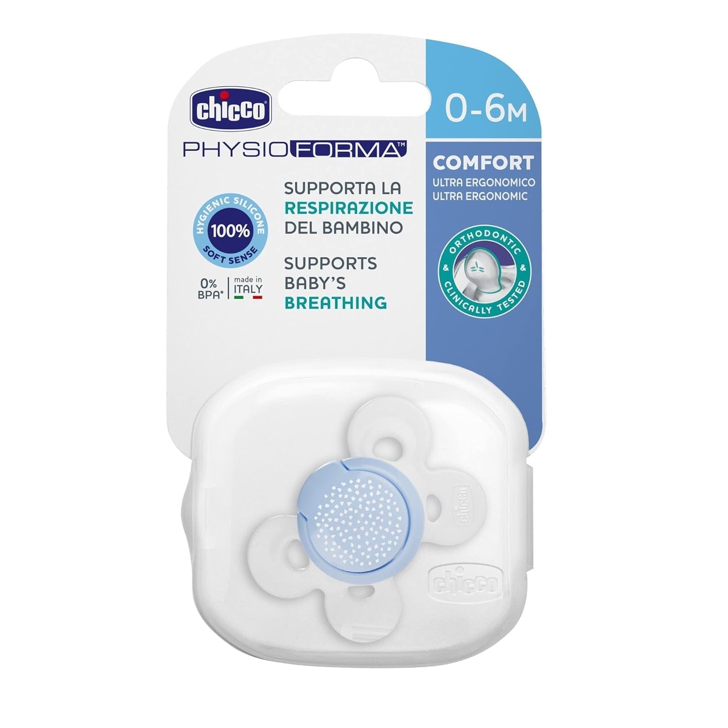 Chicco Chupete PhysioForma Comfort 16-36 Meses, Chupete para Bebé con Tetina de Silicona, 1 Pieza, Favorece la Respiración Fisiológica y el Desarrollo Bucal Correcto, Azul